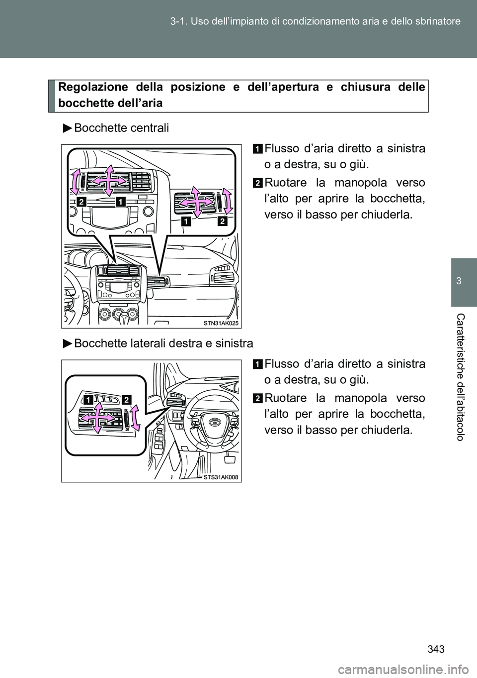 TOYOTA VERSO 2014  Manuale duso (in Italian) 343 3-1. Uso dell’impianto di condizionamento aria e dello sbrinatore
3
Caratteristiche dell’abitacolo
Regolazione della posizione e dell’apertura e chiusura delle
bocchette dell’aria
Bocchett