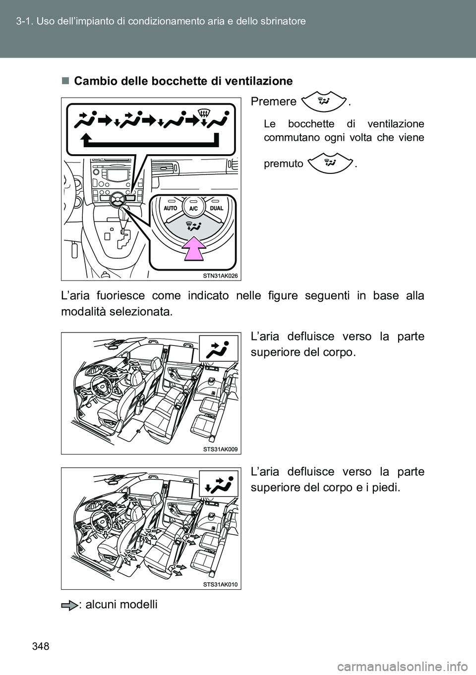 TOYOTA VERSO 2014  Manuale duso (in Italian) 348 3-1. Uso dell’impianto di condizionamento aria e dello sbrinatore
Cambio delle bocchette di ventilazione
Premere .
Le bocchette di ventilazione
commutano ogni volta che viene
premuto . 
L’a