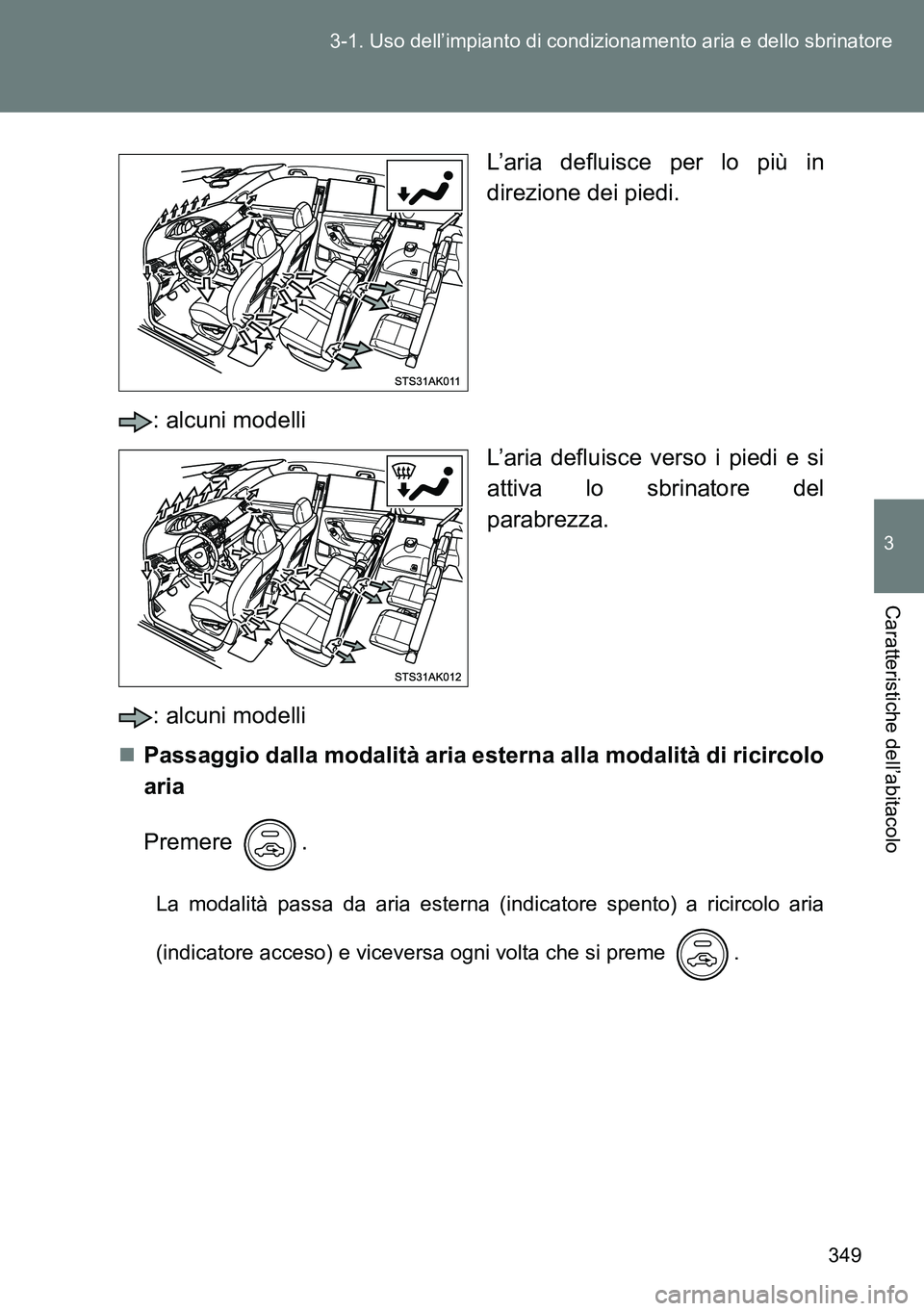 TOYOTA VERSO 2014  Manuale duso (in Italian) 349 3-1. Uso dell’impianto di condizionamento aria e dello sbrinatore
3
Caratteristiche dell’abitacolo
L’aria defluisce per lo più in
direzione dei piedi.
: alcuni modelli
L’aria defluisce ve