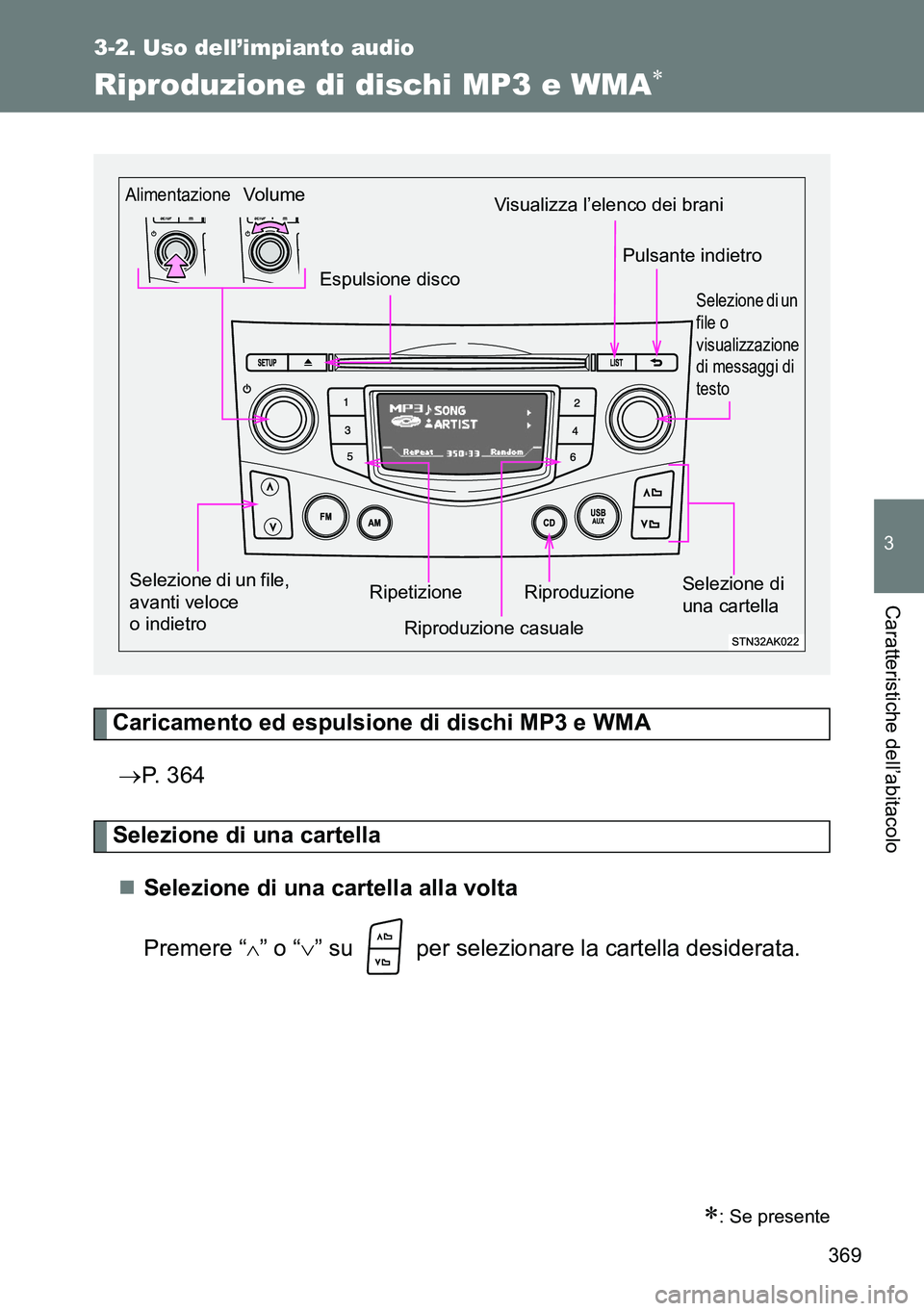 TOYOTA VERSO 2014  Manuale duso (in Italian) 369
3-2. Uso dell’impianto audio
3
Caratteristiche dell’abitacolo
Riproduzione di dischi MP3 e WMA
Caricamento ed espulsione di dischi MP3 e WMA
P. 364
Selezione di una cartella
Selezione