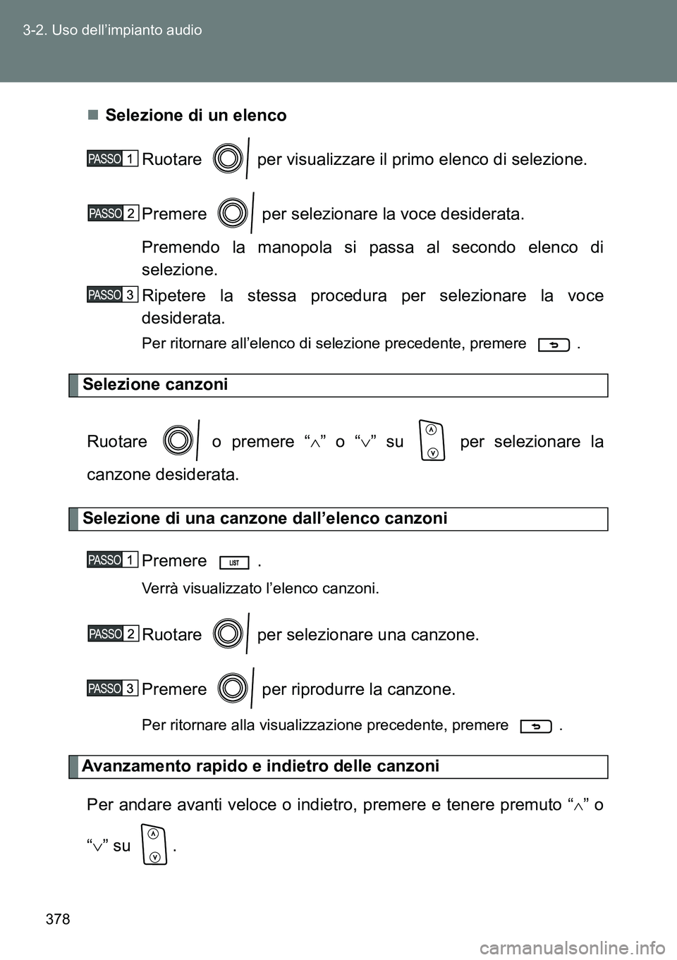 TOYOTA VERSO 2014  Manuale duso (in Italian) 378 3-2. Uso dell’impianto audio
Selezione di un elenco
Ruotare   per visualizzare il primo elenco di selezione.
Premere   per selezionare la voce desiderata.
Premendo la manopola si passa al sec