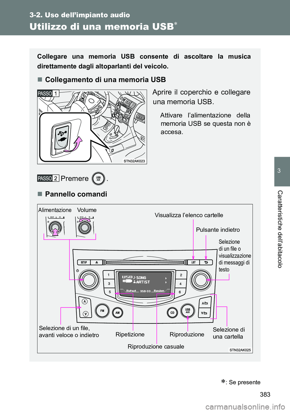 TOYOTA VERSO 2014  Manuale duso (in Italian) 383
3-2. Uso dell’impianto audio
3
Caratteristiche dell’abitacolo
Utilizzo di una memoria USB
: Se presente
Collegare una memoria USB consente di ascoltare la musica
direttamente dagli altop