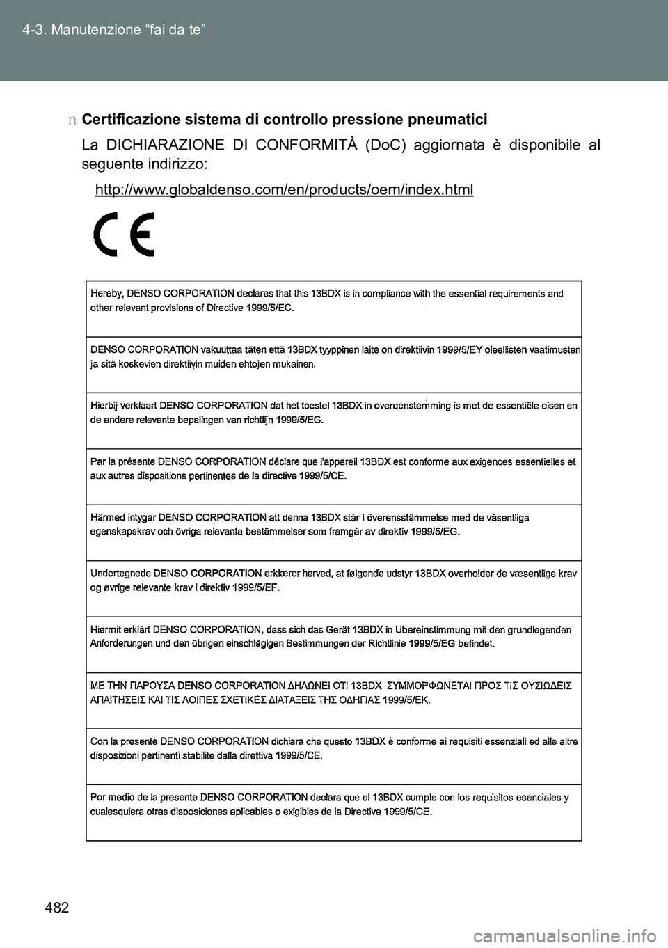 TOYOTA VERSO 2014  Manuale duso (in Italian) 482 4-3. Manutenzione “fai da te”
�OCertificazione sistema di controllo pressione pneumatici
La DICHIARAZIONE DI CONFORMITÀ (DoC) aggiornata è disponibile al
seguente indirizzo:
http://www.globa