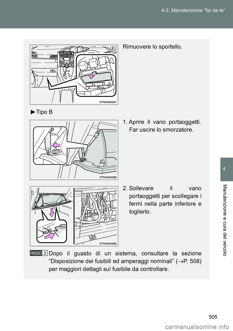 TOYOTA VERSO 2014  Manuale duso (in Italian) 505 4-3. Manutenzione “fai da te”
4
Manutenzione e cura del veicolo
Rimuovere lo sportello.
Tipo B
1. Aprire il vano portaoggetti.
Far uscire lo smorzatore.
2. Sollevare il vano
portaoggetti per s