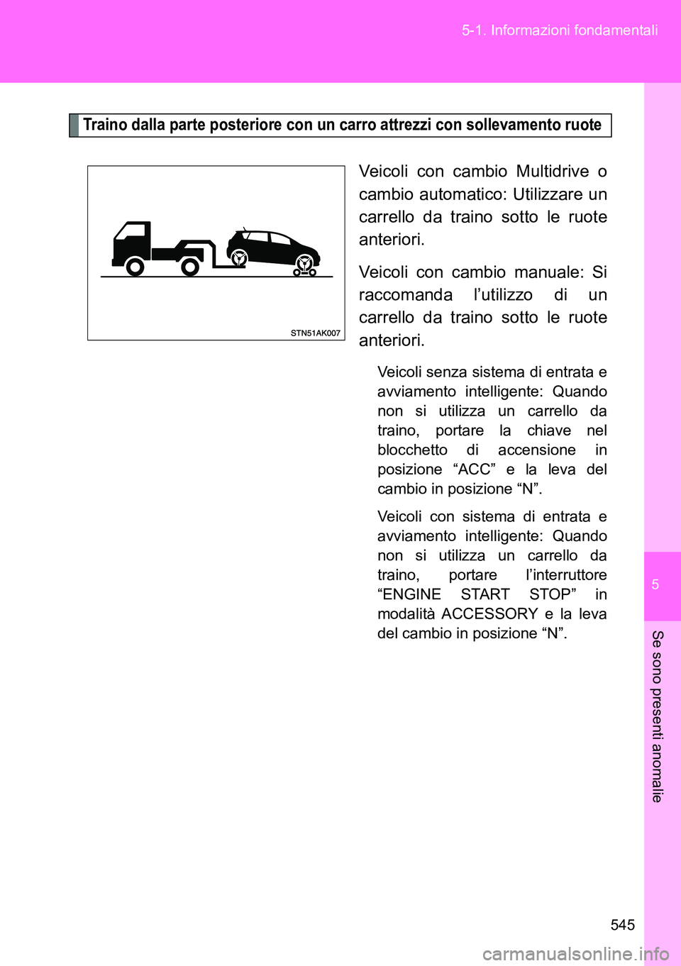 TOYOTA VERSO 2014  Manuale duso (in Italian) 5
545 5-1. Informazioni fondamentali
Se sono presenti anomalie
Traino dalla parte posteriore con un carro attrezzi con sollevamento ruote
Veicoli con cambio Multidrive o
cambio automatico: Utilizzare 