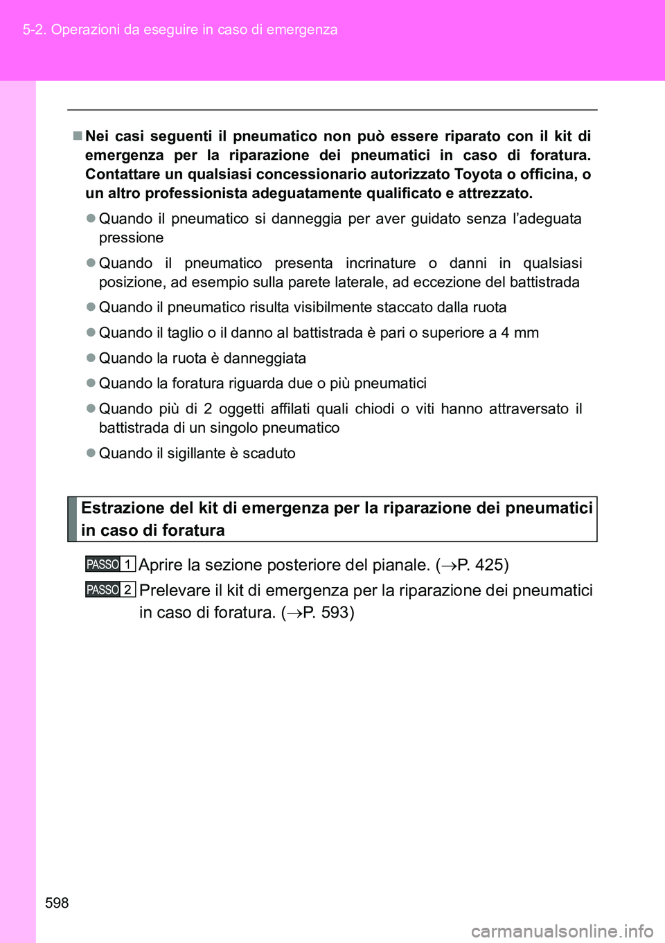 TOYOTA VERSO 2014 Manuale duso (in Italian) 598 5-2. Operazioni da eseguire in caso di emergenza
Estrazione del kit di emergenza per la riparazione dei pneumatici
in caso di foratura
Aprire la sezione posteriore del pianale. (P. 425)
Preleva TOYOTA VERSO 2014 Manuale duso (in Italian) 598 5-2. Operazioni da eseguire in caso di emergenza
Estrazione del kit di emergenza per la riparazione dei pneumatici
in caso di foratura
Aprire la sezione posteriore del pianale. (P. 425)
Preleva
