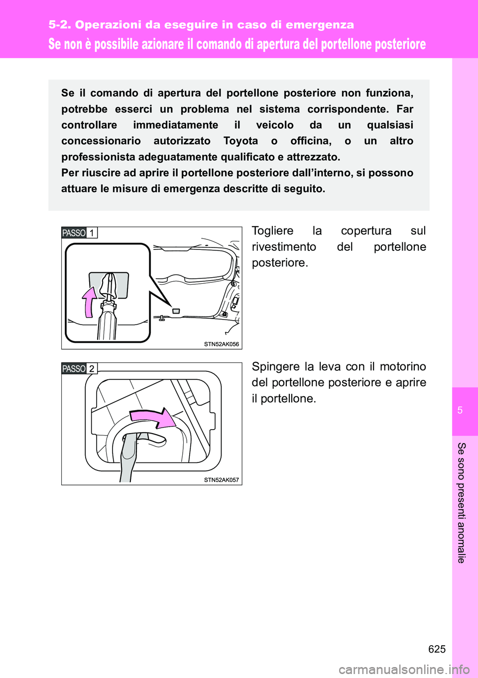 TOYOTA VERSO 2014  Manuale duso (in Italian) 5
625
5-2. Operazioni da eseguire in caso di emergenza
Se sono presenti anomalie
Se non è possibile azionare il comando di aper tura del por tellone posteriore
Togliere la copertura sul
rivestimento 