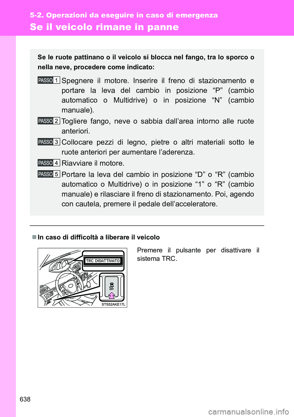 TOYOTA VERSO 2014  Manuale duso (in Italian) 638
5-2. Operazioni da eseguire in caso di emergenza
Se il veicolo rimane in panne
In caso di difficoltà a liberare il veicolo Se le ruote pattinano o il veicolo si blocca nel fango, tra lo sporco