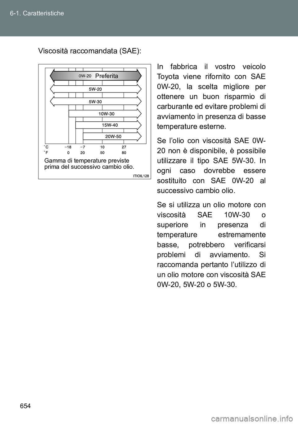 TOYOTA VERSO 2014  Manuale duso (in Italian) 654 6-1. Caratteristiche
Viscosità raccomandata (SAE):
In fabbrica il vostro veicolo
Toyota viene rifornito con SAE
0W-20, la scelta migliore per
ottenere un buon risparmio di
carburante ed evitare p