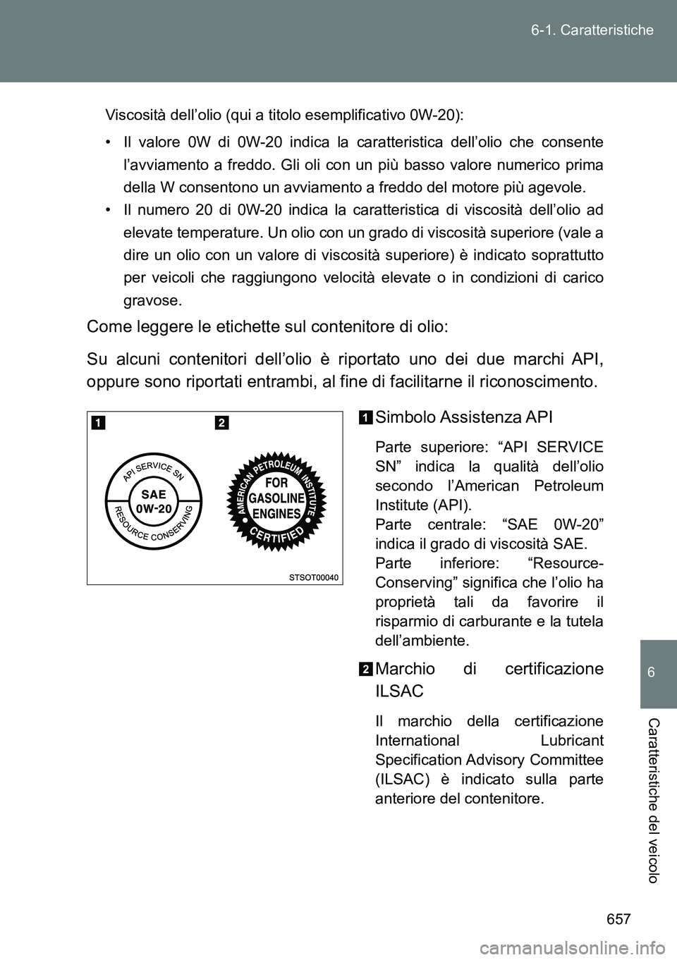 TOYOTA VERSO 2014  Manuale duso (in Italian) 657 6-1. Caratteristiche
6
Caratteristiche del veicolo
Viscosità dell’olio (qui a titolo esemplificativo 0W-20):
• Il valore 0W di 0W-20 indica la caratteristica dell’olio che consente
l’avvi