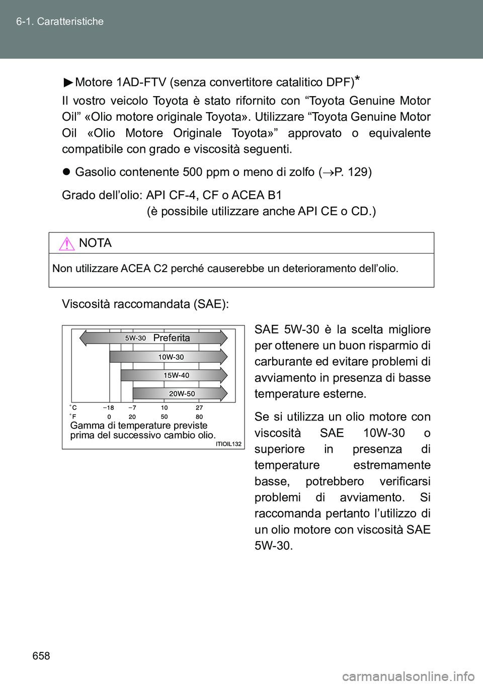 TOYOTA VERSO 2014  Manuale duso (in Italian) 658 6-1. Caratteristiche
Motore 1AD-FTV (senza convertitore catalitico DPF)*
Il vostro veicolo Toyota è stato rifornito con “Toyota Genuine Motor
Oil” «Olio motore originale Toyota». Utilizzare