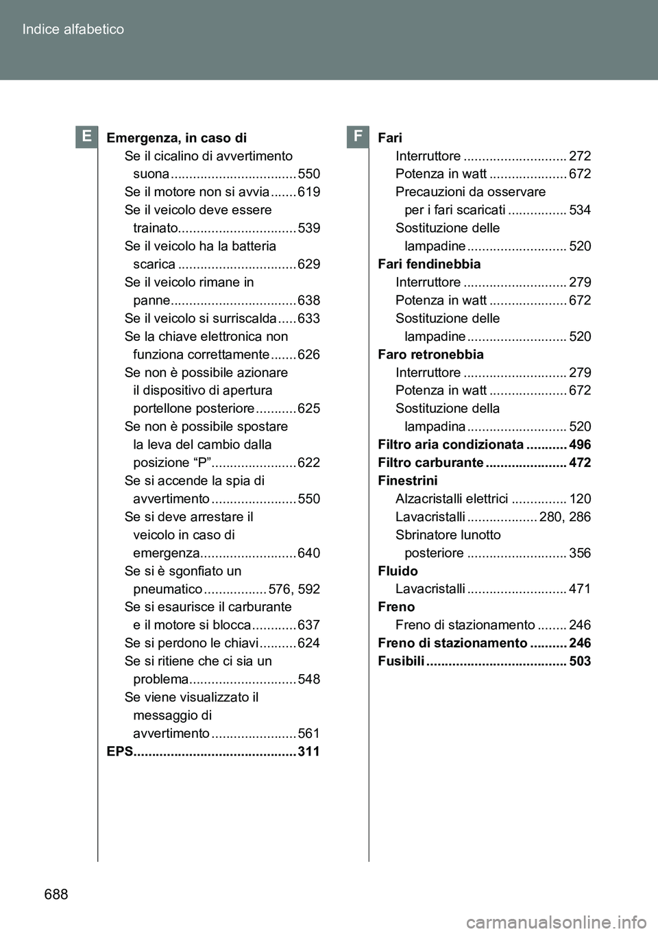TOYOTA VERSO 2014  Manuale duso (in Italian) 688 Indice alfabetico
Emergenza, in caso di
Se il cicalino di avvertimento 
suona .................................. 550
Se il motore non si avvia ....... 619
Se il veicolo deve essere 
trainato......