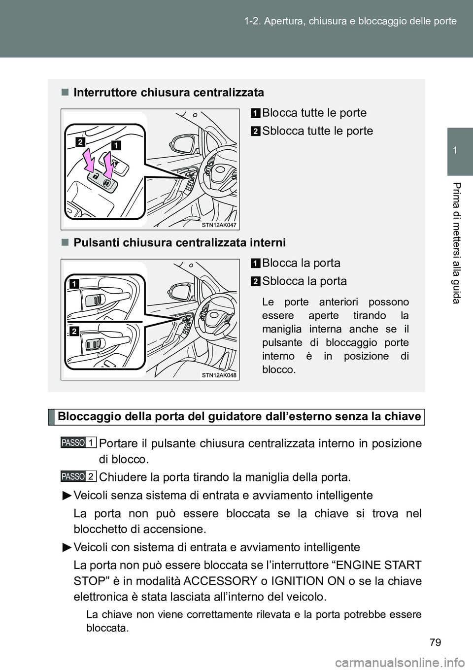 TOYOTA VERSO 2014 Manuale duso (in Italian) 79 1-2. Apertura, chiusura e bloccaggio delle porte
1
Prima di mettersi alla guida
Bloccaggio della porta del guidatore dall’esterno senza la chiave
Portare il pulsante chiusura centralizzata intern TOYOTA VERSO 2014 Manuale duso (in Italian) 79 1-2. Apertura, chiusura e bloccaggio delle porte
1
Prima di mettersi alla guida
Bloccaggio della porta del guidatore dall’esterno senza la chiave
Portare il pulsante chiusura centralizzata intern