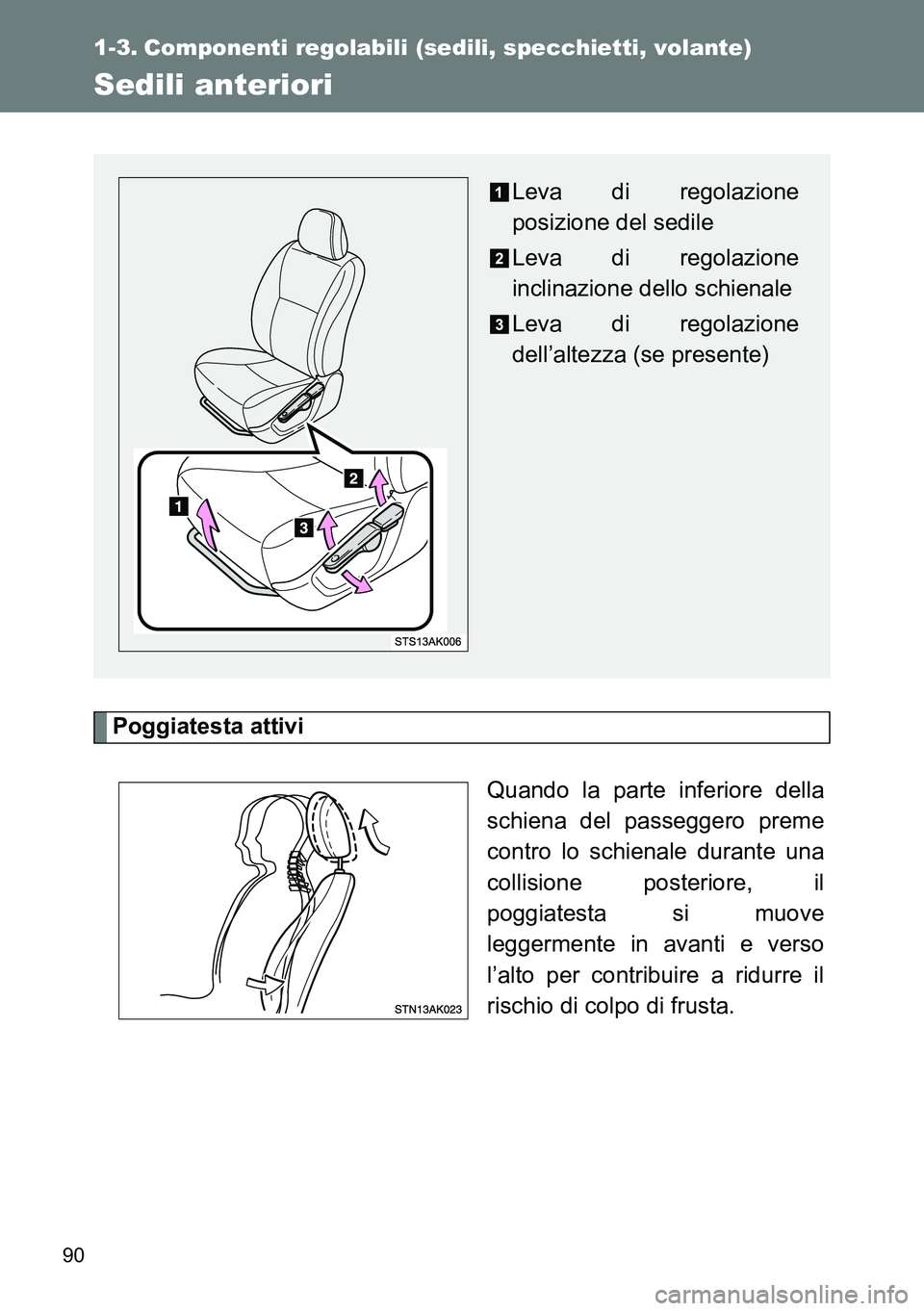 TOYOTA VERSO 2014  Manuale duso (in Italian) 90
1-3. Componenti regolabili (sedili, specchietti, volante)
Sedili anteriori
Poggiatesta attivi
Quando la parte inferiore della
schiena del passeggero preme
contro lo schienale durante una
collisione