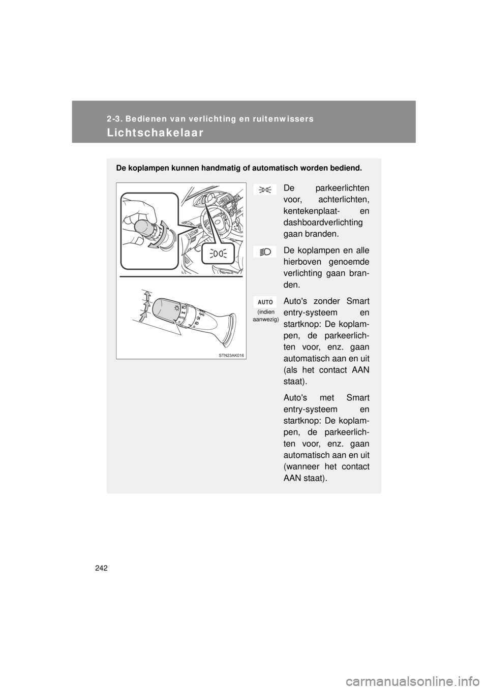TOYOTA VERSO 2014  Instructieboekje (in Dutch) 242
VERSO(BMW)_WE_OM64558E
2-3. Bedienen van verlichting en ruitenwissers
Lichtschakelaar
De koplampen kunnen handmatig of automatisch worden bediend.
De parkeerlichten
voor, achterlichten,
kentekenpl