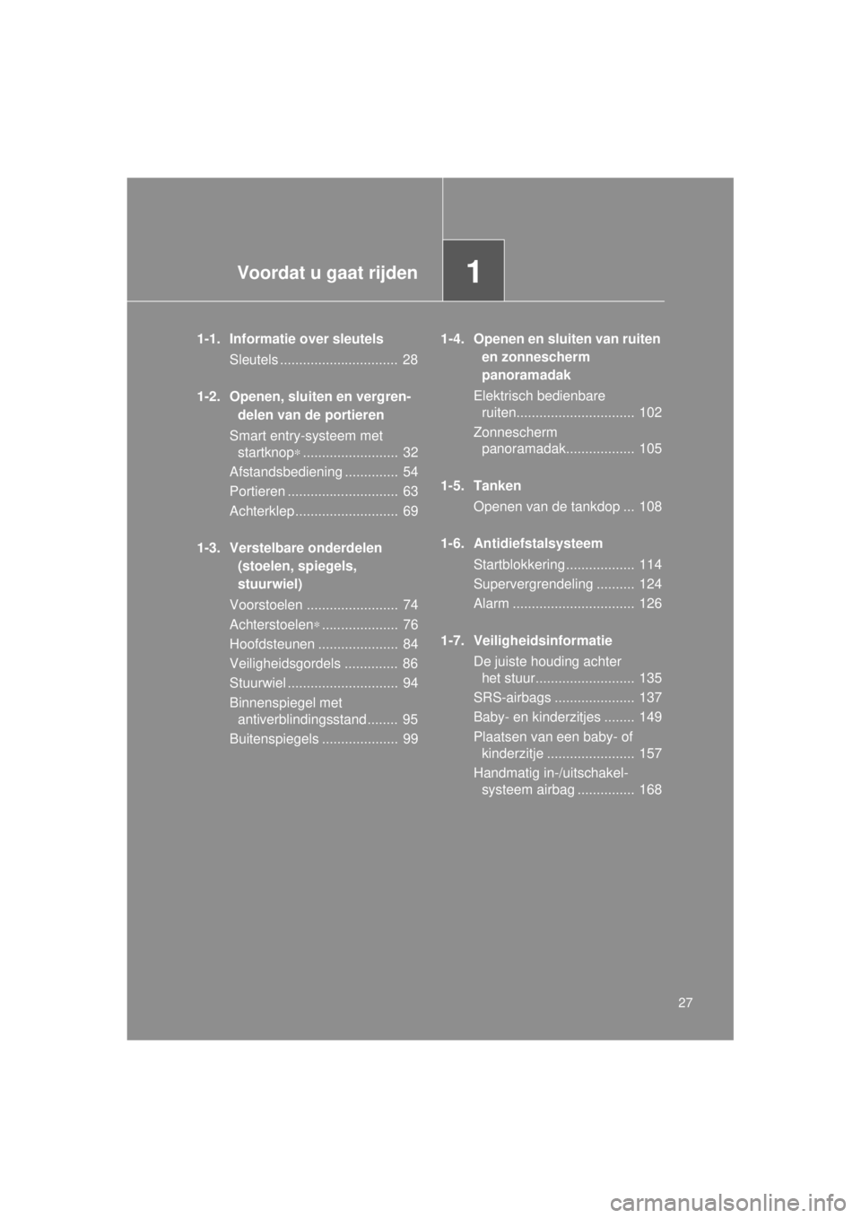 TOYOTA VERSO 2014  Instructieboekje (in Dutch) 1Voordat u gaat rijden
27
VERSO(BMW)_WE_OM64558E
1-1. Informatie over sleutelsSleutels ...............................  28
1-2. Openen, sluiten en vergren- delen van de portieren
Smart entry-systeem m