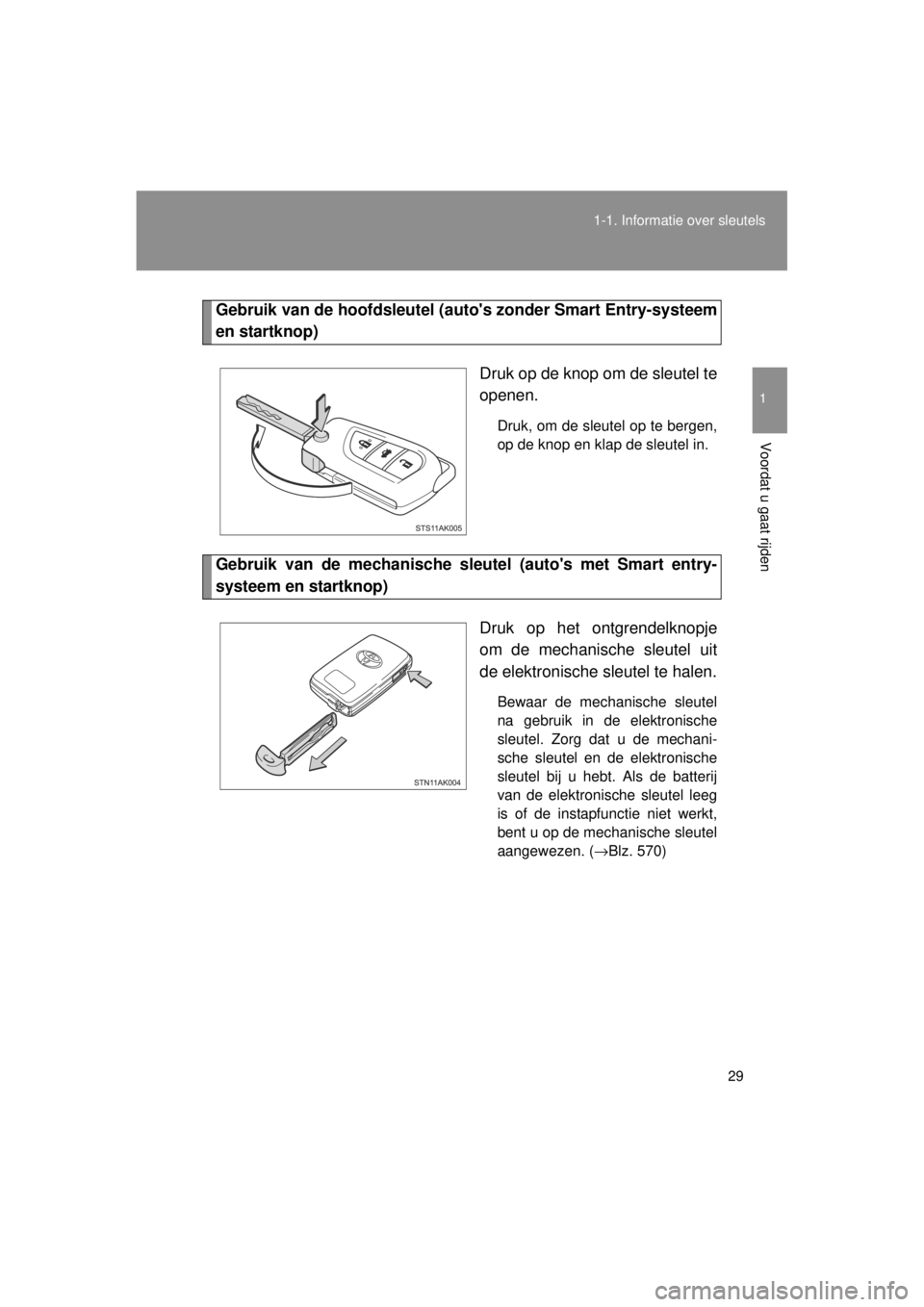 TOYOTA VERSO 2014  Instructieboekje (in Dutch) 29
1-1. Informatie over sleutels
1
Voordat u gaat rijden
VERSO(BMW)_WE_OM64558E
Gebruik van de hoofdsleutel (a
utos zonder Smart Entry-systeem
en startknop)
Druk op de knop om de sleutel te
openen.
D
