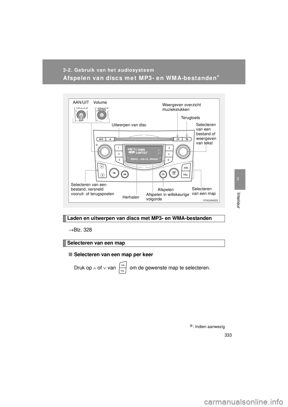TOYOTA VERSO 2014  Instructieboekje (in Dutch) 333
3-2. Gebruik van het audiosysteem
3
Interieur
VERSO(BMW)_WE_OM64558E
Afspelen van discs met MP3- en WMA-bestanden∗
Laden en uitwerpen van discs  met MP3- en WMA-bestanden
→ Blz. 328
Selecteren