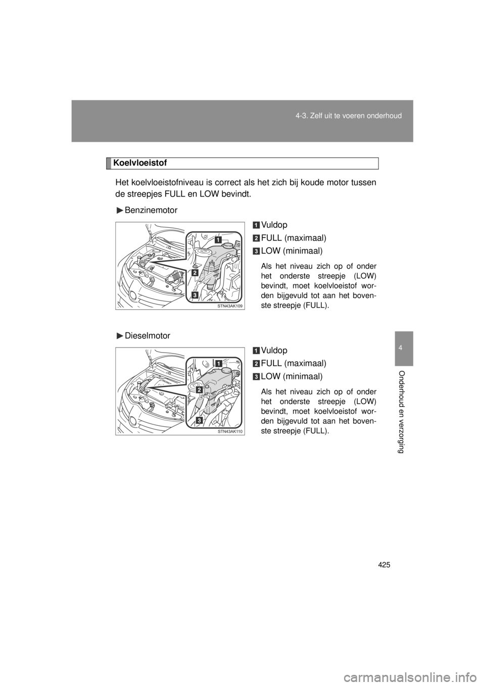 TOYOTA VERSO 2014  Instructieboekje (in Dutch) 425
4-3. Zelf uit te voeren onderhoud
4
Onderhoud en verzorging
VERSO(BMW)_WE_OM64558E
Koelvloeistof
Het koelvloeistofniveau is correct  als het zich bij koude motor tussen
de streepjes FULL en LOW be