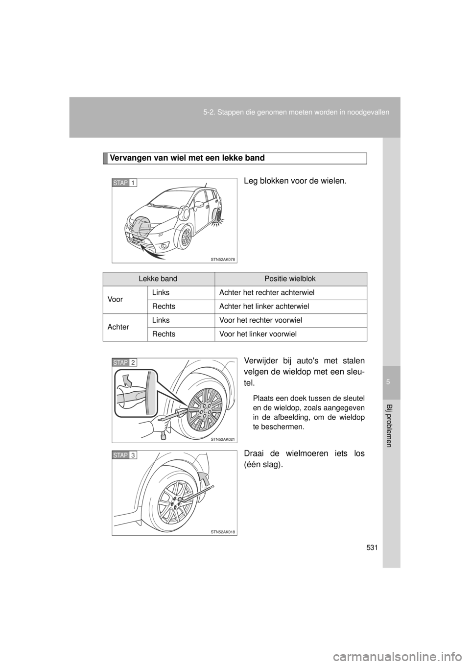 TOYOTA VERSO 2014  Instructieboekje (in Dutch) 5
531
5-2. Stappen die genomen moeten worden in noodgevallen
Bij problemen
VERSO(BMW)_WE_OM64558E
Vervangen van wiel met een lekke band
Leg blokken voor de wielen.
Verwijder bij autos met stalen
velg