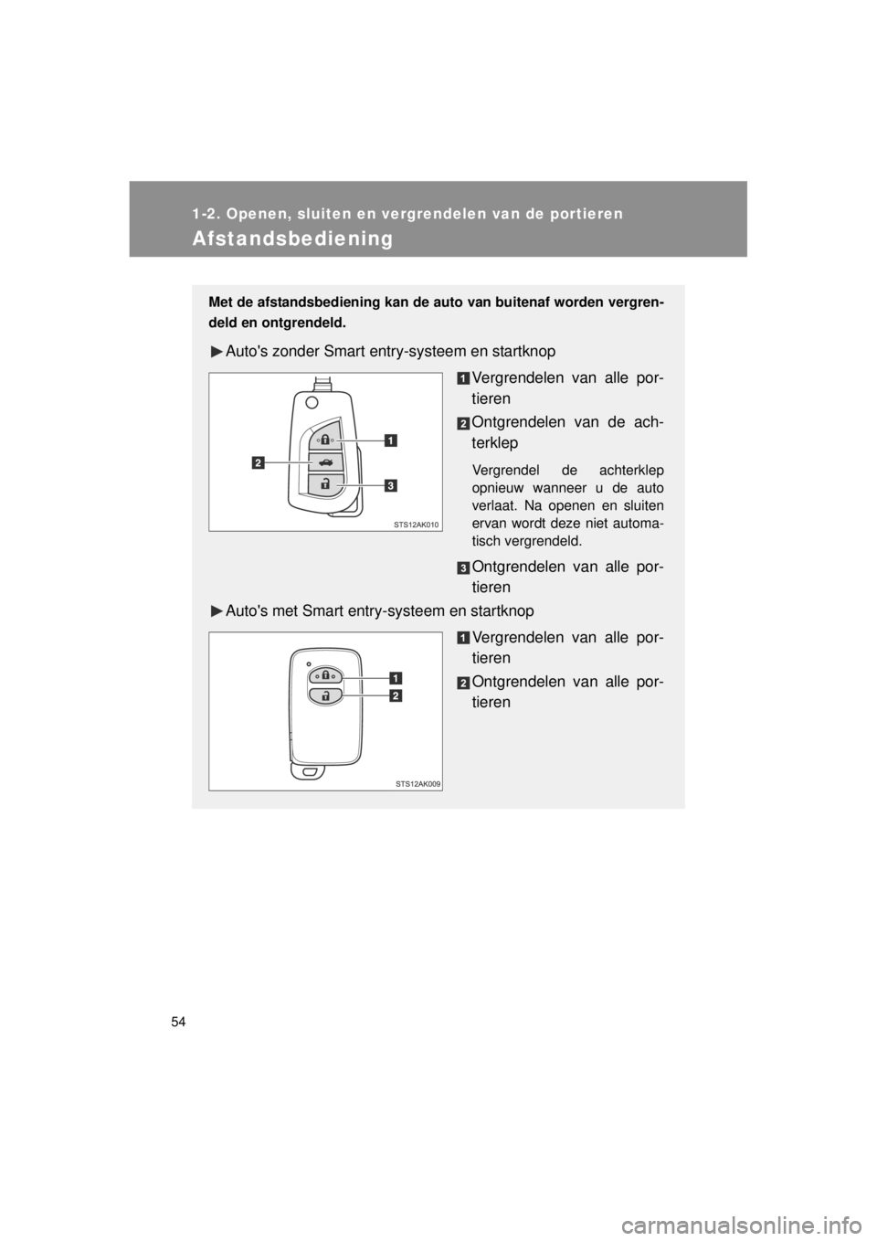 TOYOTA VERSO 2014  Instructieboekje (in Dutch) 54
1-2. Openen, sluiten en vergrendelen van de portieren
VERSO(BMW)_WE_OM64558E
Afstandsbediening
Met de afstandsbediening kan de auto van buitenaf worden vergren-
deld en ontgrendeld.
Autos zonder S