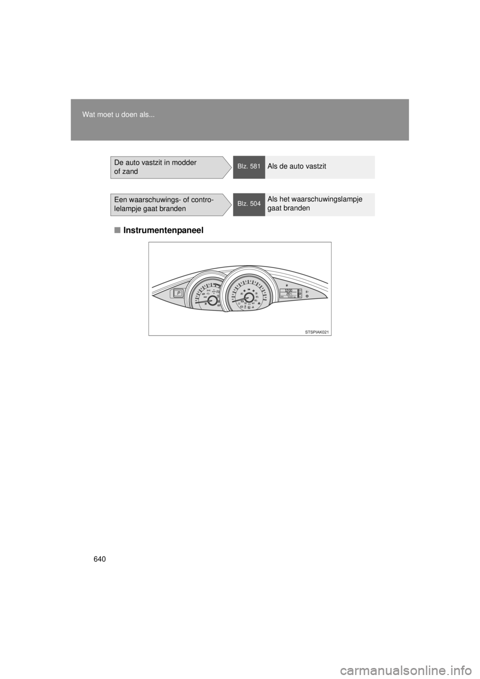 TOYOTA VERSO 2014  Instructieboekje (in Dutch) 640
Wat moet u doen als...
VERSO(BMW)_WE_OM64558E
■
Instrumentenpaneel
De auto vastzit in modder 
of zandBlz. 581Als de auto vastzit
Een waarschuwings- of contro-
lelampje gaat brandenBlz. 504Als he