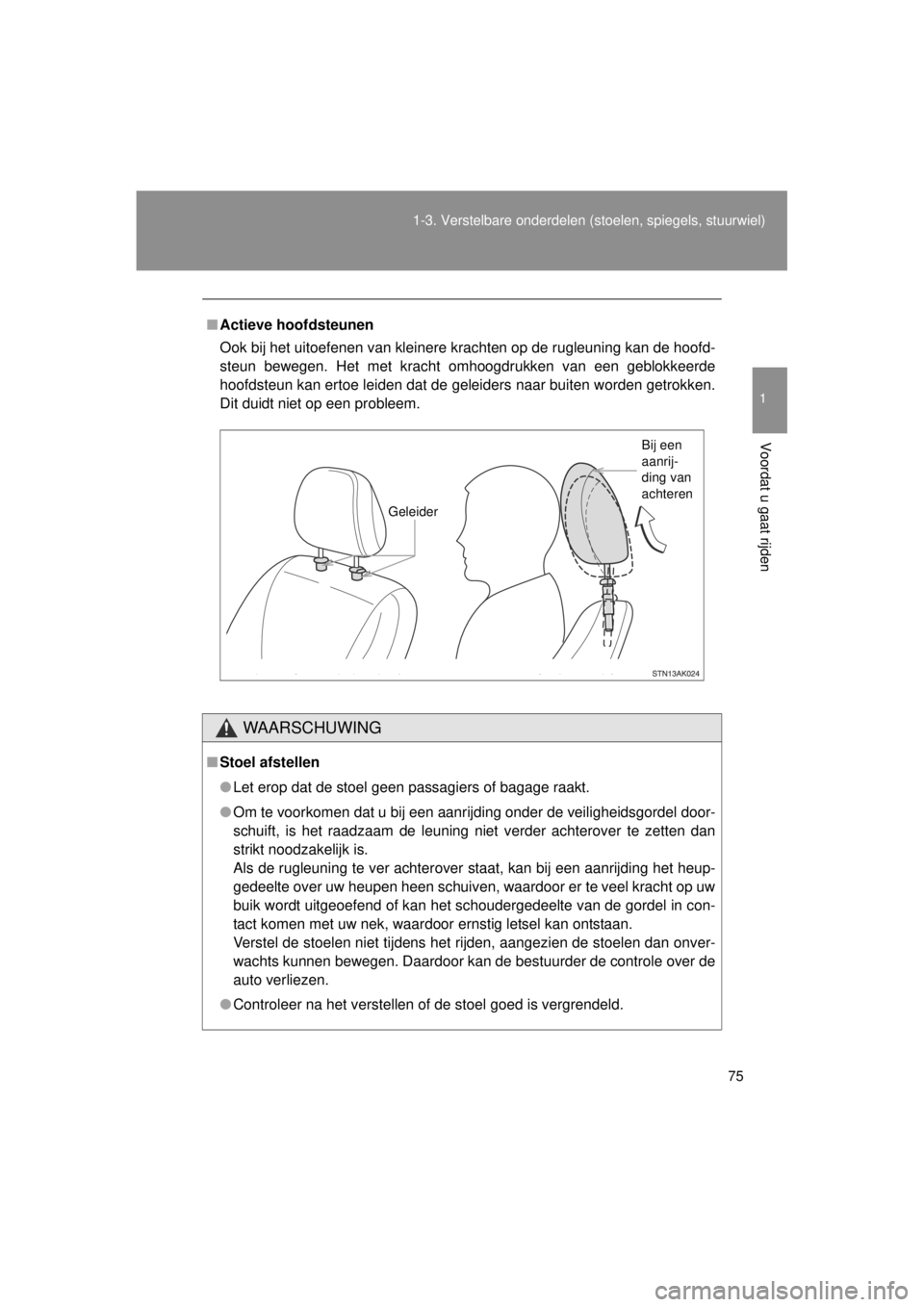 TOYOTA VERSO 2014  Instructieboekje (in Dutch) 75
1-3. Verstelbare onderdelen 
(stoelen, spiegels, stuurwiel)
1
Voordat u gaat rijden
VERSO(BMW)_WE_OM64558E
■Actieve hoofdsteunen
Ook bij het uitoefenen van kleinere krachten op de rugleuning kan 