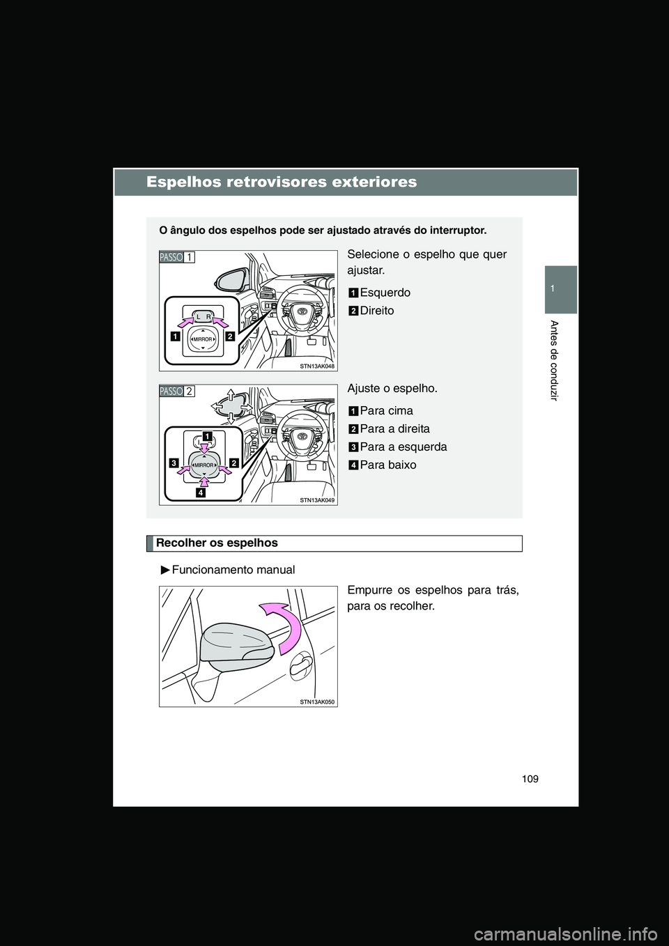 TOYOTA VERSO 2014  Manual de utilização (in Portuguese) 109
1
Antes de conduzir
Espelhos retrovisores exteriores
Recolher os espelhos
Funcionamento manual
Empurre os espelhos para trás,
para os recolher.
O ângulo dos espelhos pode ser ajustado através d