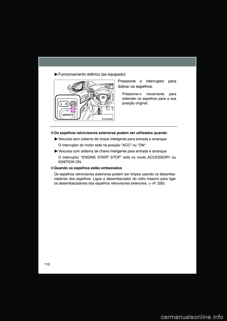 TOYOTA VERSO 2014  Manual de utilização (in Portuguese) 110
Funcionamento elétrico (se equipado)
Pressione o interruptor para
dobrar os espelhos.
Pressione-o novamente para
estender os espelhos para a sua
posição original.
■■■■Os espelhos retrov
