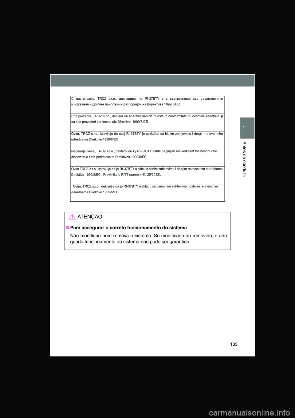 TOYOTA VERSO 2014  Manual de utilização (in Portuguese) 133
1
Antes de conduzir
AT E N Ç Ã O
■Para assegurar o correto funcionamento do sistema
Não modifique nem remova o sistema. Se modificado ou removido, o ade-
quado funcionamento do sistema não p