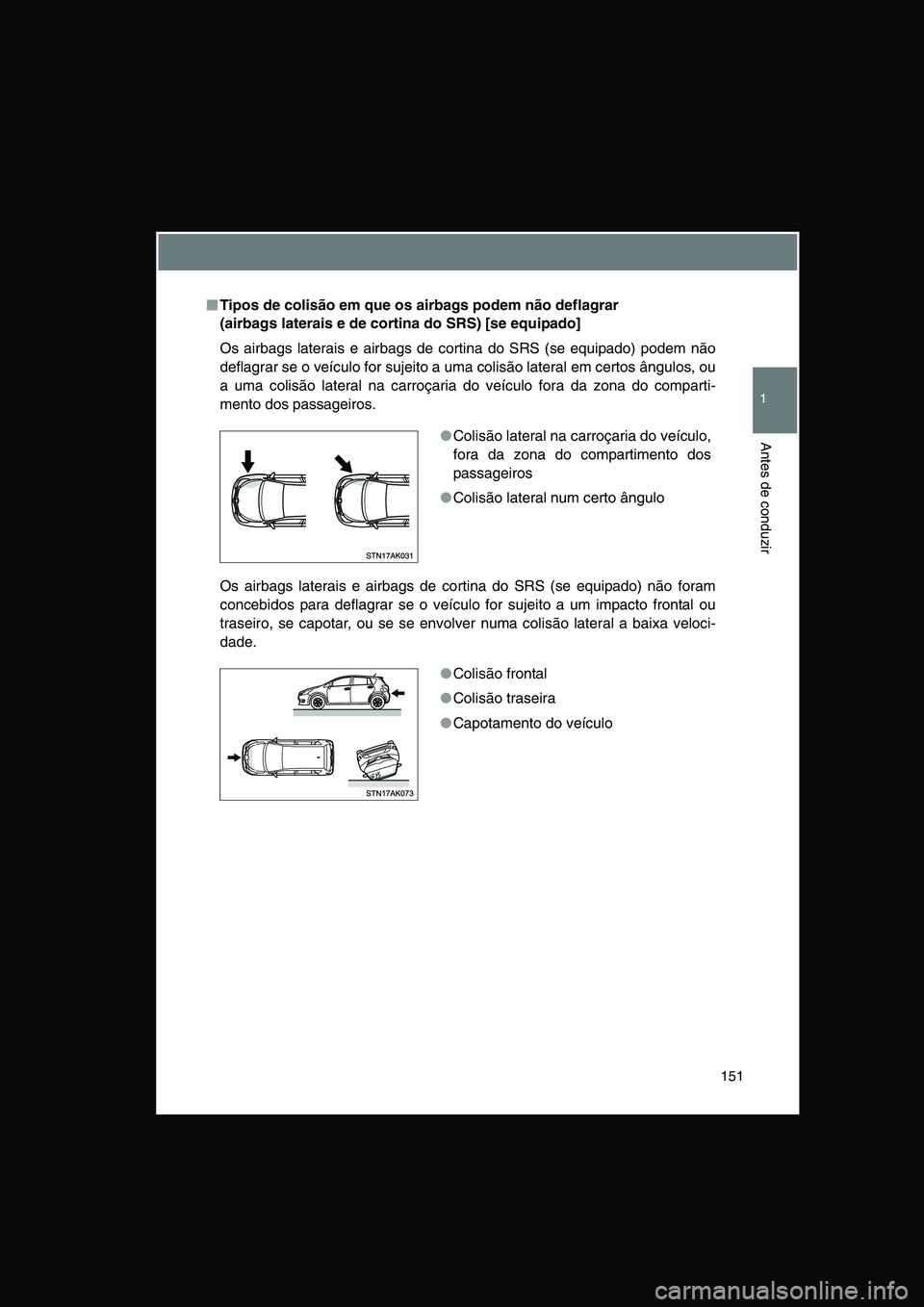 TOYOTA VERSO 2014  Manual de utilização (in Portuguese) 151
1
Antes de conduzir
■■■■Tipos de colisão em que os airbags podem não deflagrar 
(airbags laterais e de cortina do SRS) [se equipado]
Os airbags laterais e airbags de cortina do SRS (se e