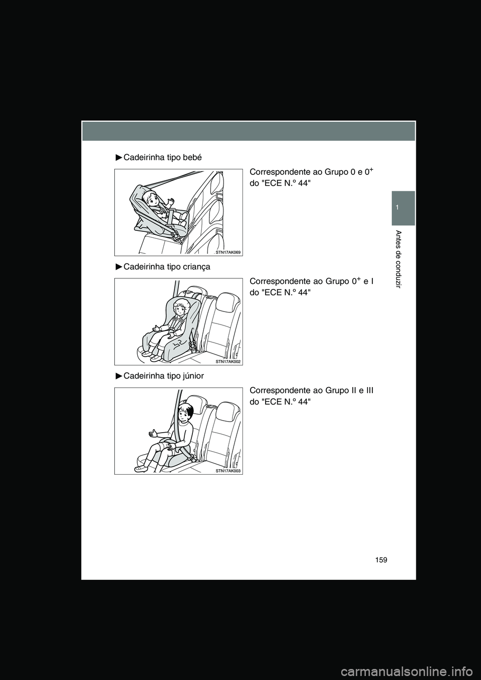 TOYOTA VERSO 2014  Manual de utilização (in Portuguese) 159
1
Antes de conduzir
Cadeirinha tipo bebé
Correspondente ao Grupo 0 e 0+
do "ECE N.º 44"
Cadeirinha tipo criança
Correspondente ao Grupo 0+ e I
do "ECE N.º 44"
Cadeirinha tipo júnior
Correspon
