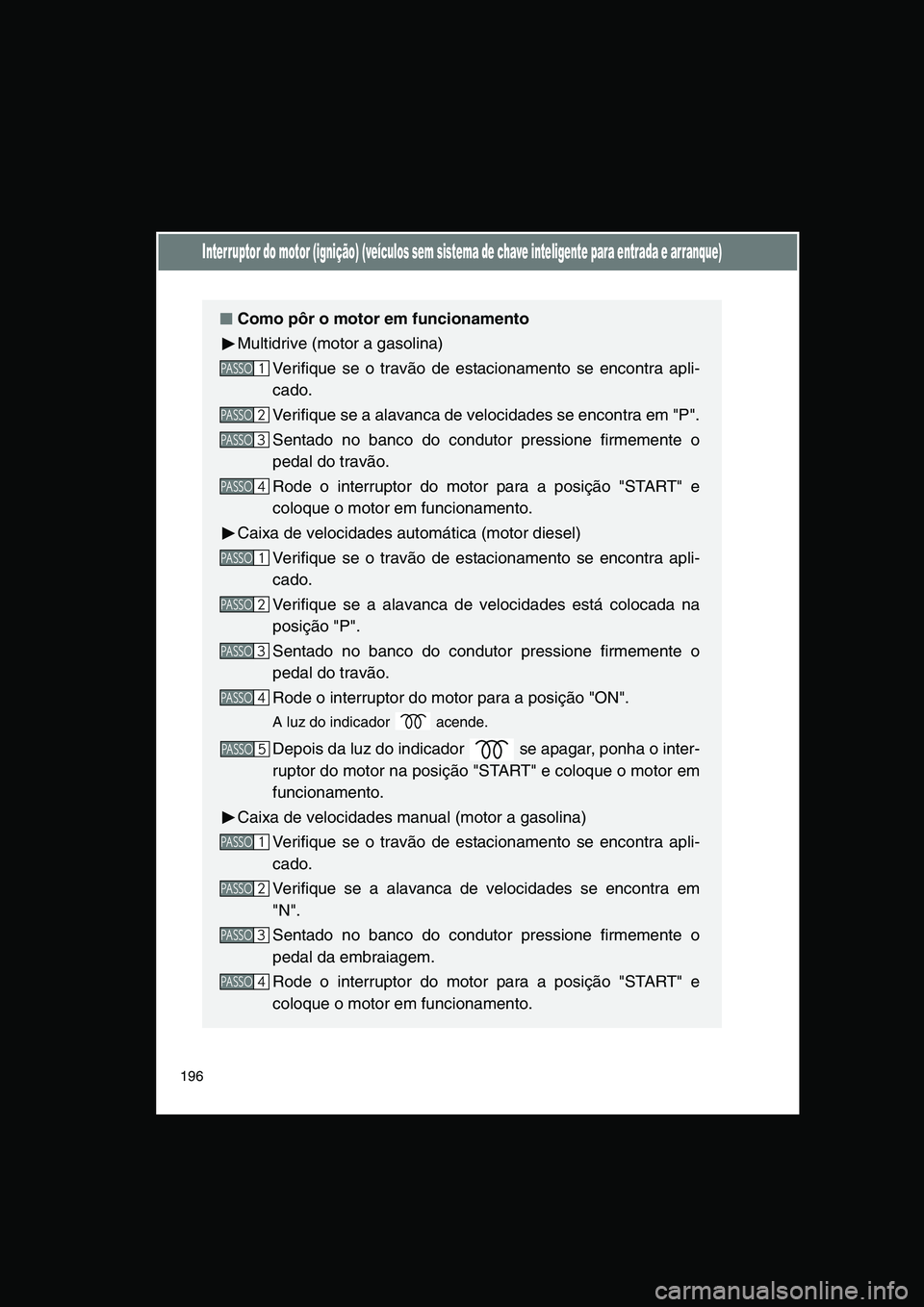 TOYOTA VERSO 2014  Manual de utilização (in Portuguese) 196
Interruptor do motor (ignição) (veículos sem sistema de chave inteligente para entrada e arranque)
■■■■Como pôr o motor em funcionamento
Multidrive (motor a gasolina)
Verifique se o tr