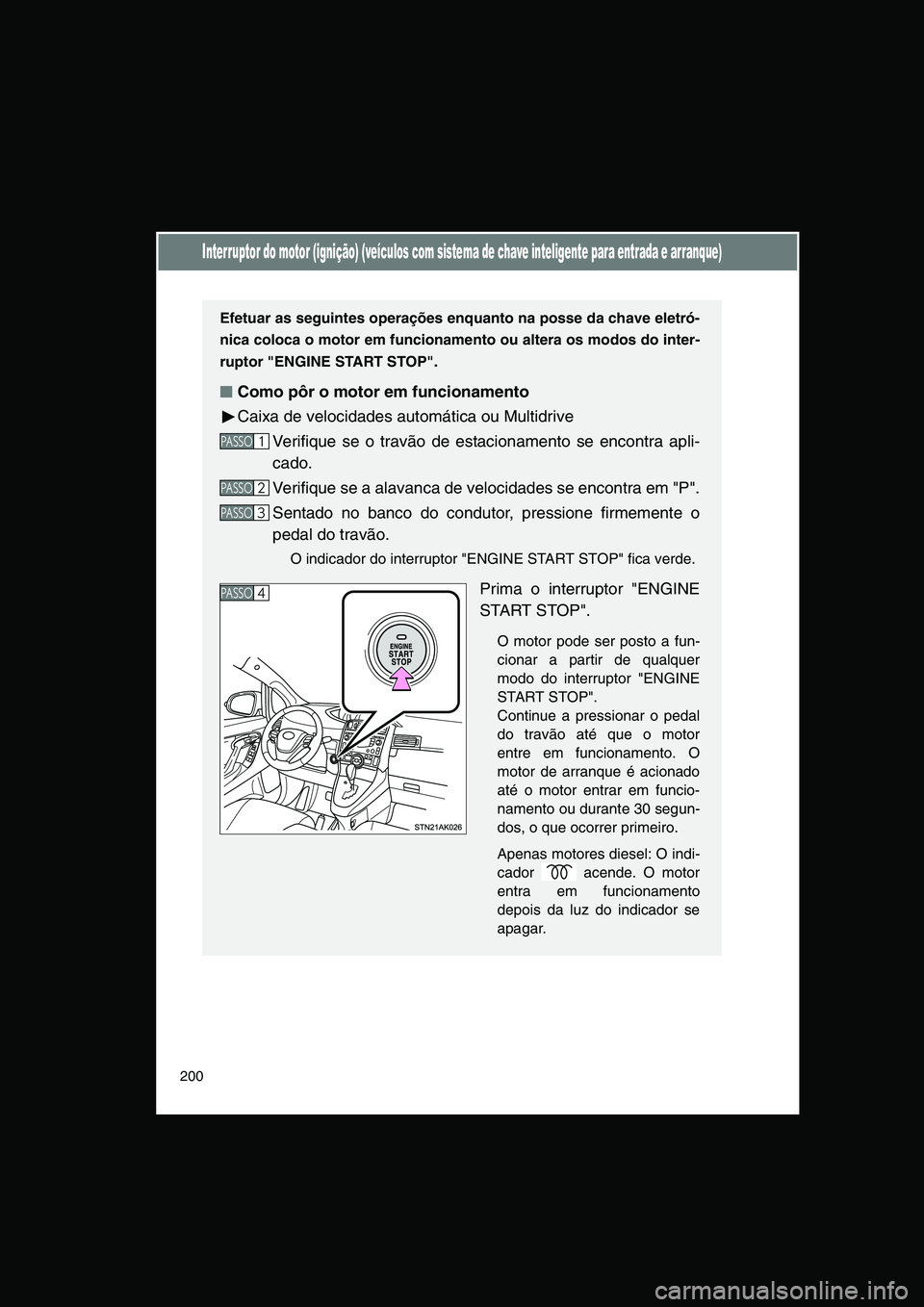TOYOTA VERSO 2014  Manual de utilização (in Portuguese) 200
Interruptor do motor (ignição) (veículos com sistema de chave inteligente para entrada e arranque)
Efetuar as seguintes operações enquanto na posse da chave eletró-
nica coloca o motor em fu