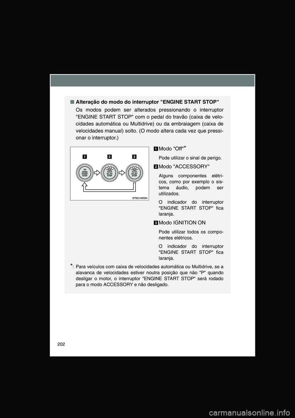 TOYOTA VERSO 2014  Manual de utilização (in Portuguese) 202
■■■■Alteração do modo do interruptor "ENGINE START STOP"
Os modos podem ser alterados pressionando o interruptor
"ENGINE START STOP" com o pedal do travão (caixa de velo-
cidades autom