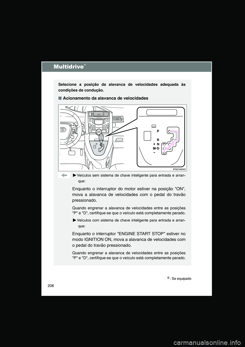 TOYOTA VERSO 2014  Manual de utilização (in Portuguese) 206
Multidrive∗
∗: Se equipado
Selecione a posição da alavanca de velocidades adequada às
condições de condução.
■■■■Acionamento da alavanca de velocidades
Veículos sem sistema de 