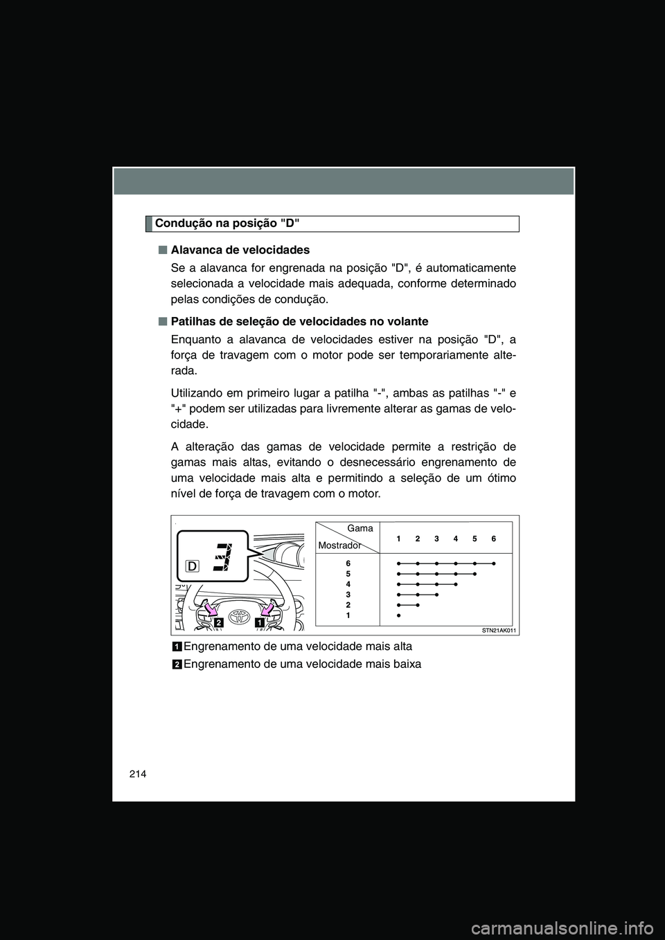 TOYOTA VERSO 2014  Manual de utilização (in Portuguese) 214
Condução na posição "D"
■■■■Alavanca de velocidades
Se a alavanca for engrenada na posição "D", é automaticamente
selecionada a velocidade mais adequada, conforme determinado
pelas 