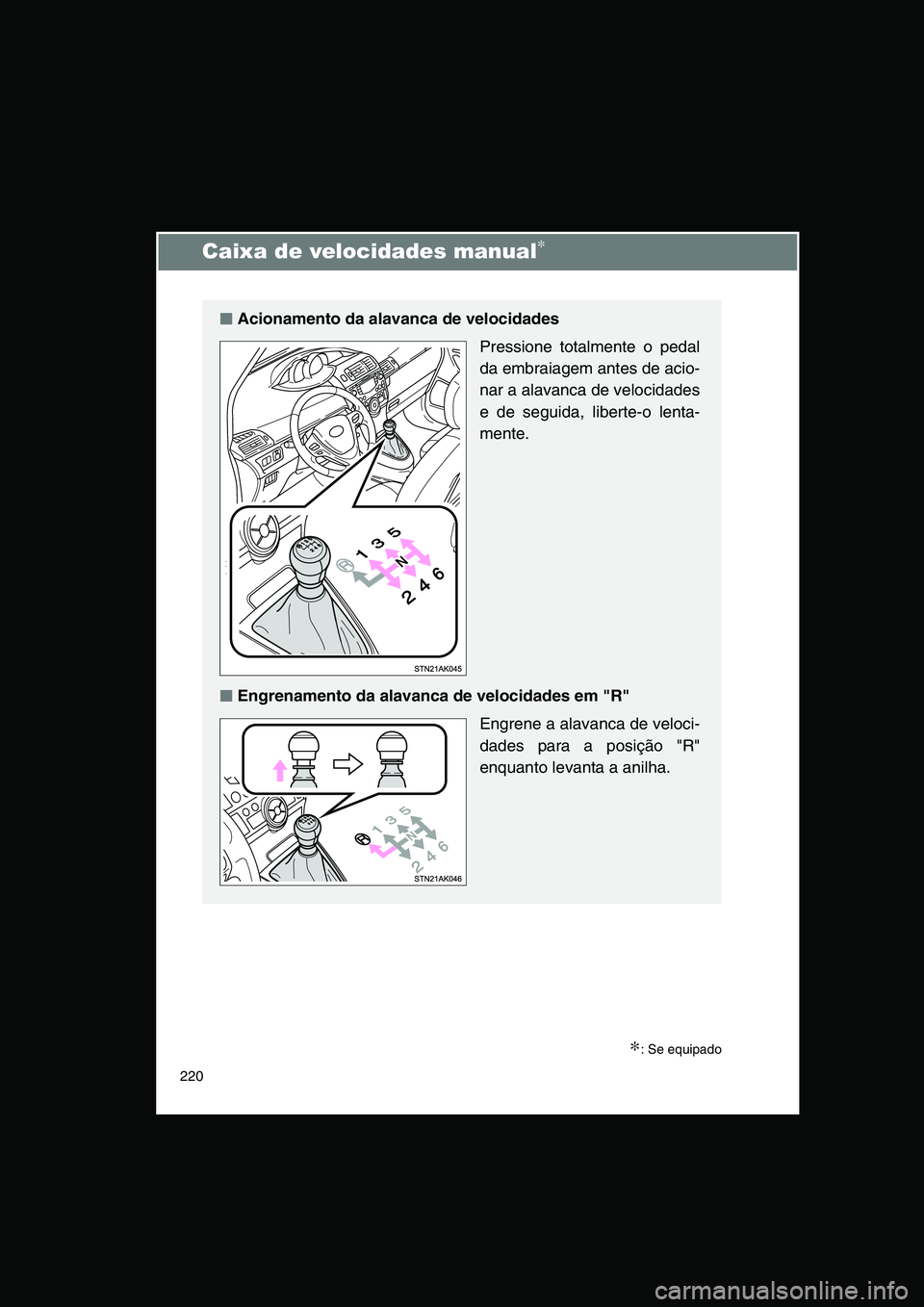 TOYOTA VERSO 2014  Manual de utilização (in Portuguese) 220
Caixa de velocidades manual∗
∗: Se equipado
■■■■Acionamento da alavanca de velocidades
Pressione totalmente o pedal
da embraiagem antes de acio-
nar a alavanca de velocidades
e de segu