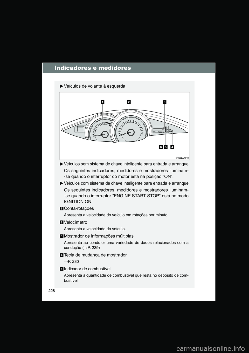 TOYOTA VERSO 2014  Manual de utilização (in Portuguese) 228
Indicadores e medidores
Veículos de volante à esquerda
Veículos sem sistema de chave inteligente para entrada e arranque
Os seguintes indicadores, medidores e mostradores iluminam-
-se quando o