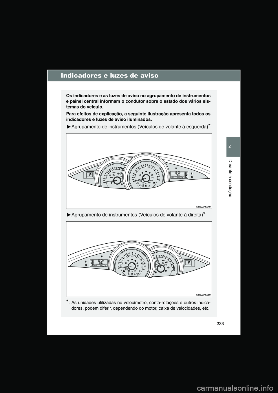 TOYOTA VERSO 2014  Manual de utilização (in Portuguese) 233
2
Durante a condução
Indicadores e luzes de aviso
Os indicadores e as luzes de aviso no agrupamento de instrumentos
e painel central informam o condutor sobre o estado dos vários sis-
temas do 