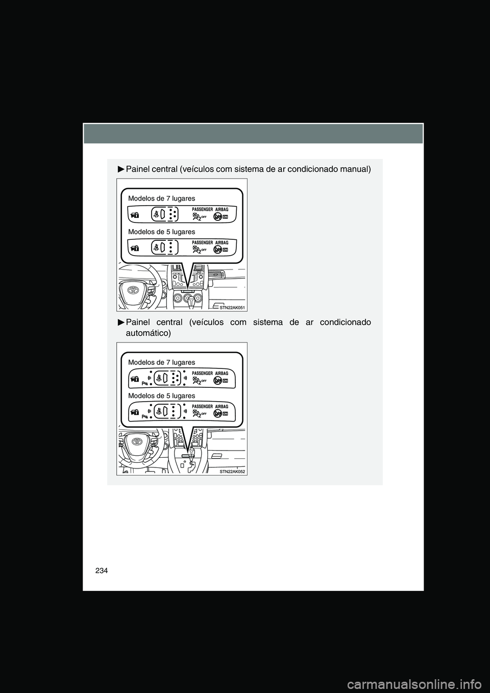 TOYOTA VERSO 2014  Manual de utilização (in Portuguese) 234
Painel central (veículos com sistema de ar condicionado manual)
Painel central (veículos com sistema de ar condicionado
automático)
Modelos de 7 lugares
Modelos de 5 lugares
Modelos de 7 lugare
