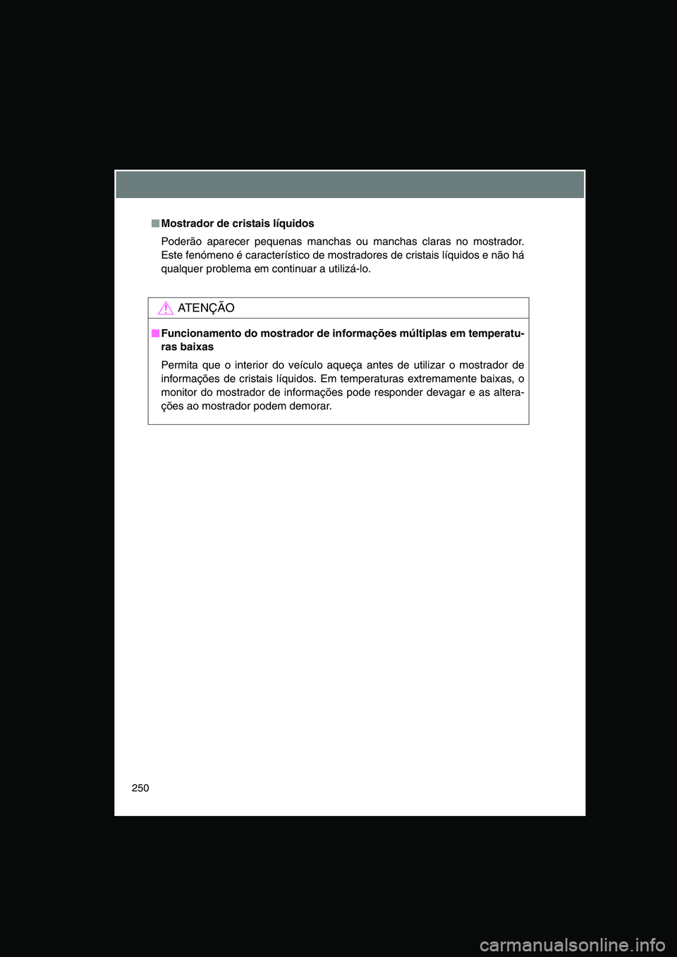 TOYOTA VERSO 2014  Manual de utilização (in Portuguese) 250
■■■■Mostrador de cristais líquidos
Poderão aparecer pequenas manchas ou manchas claras no mostrador.
Este fenómeno é característico de mostradores de cristais líquidos e não há
qua