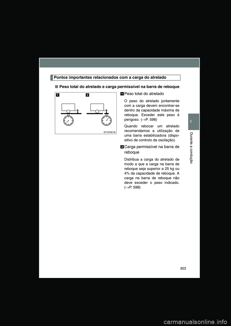 TOYOTA VERSO 2014  Manual de utilização (in Portuguese) 303
2
Durante a condução
Pontos importantes relacionados com a carga do atrelado
■■■■Peso total do atrelado e carga permissível na barra de reboque
Peso total do atrelado
O peso do atrelado