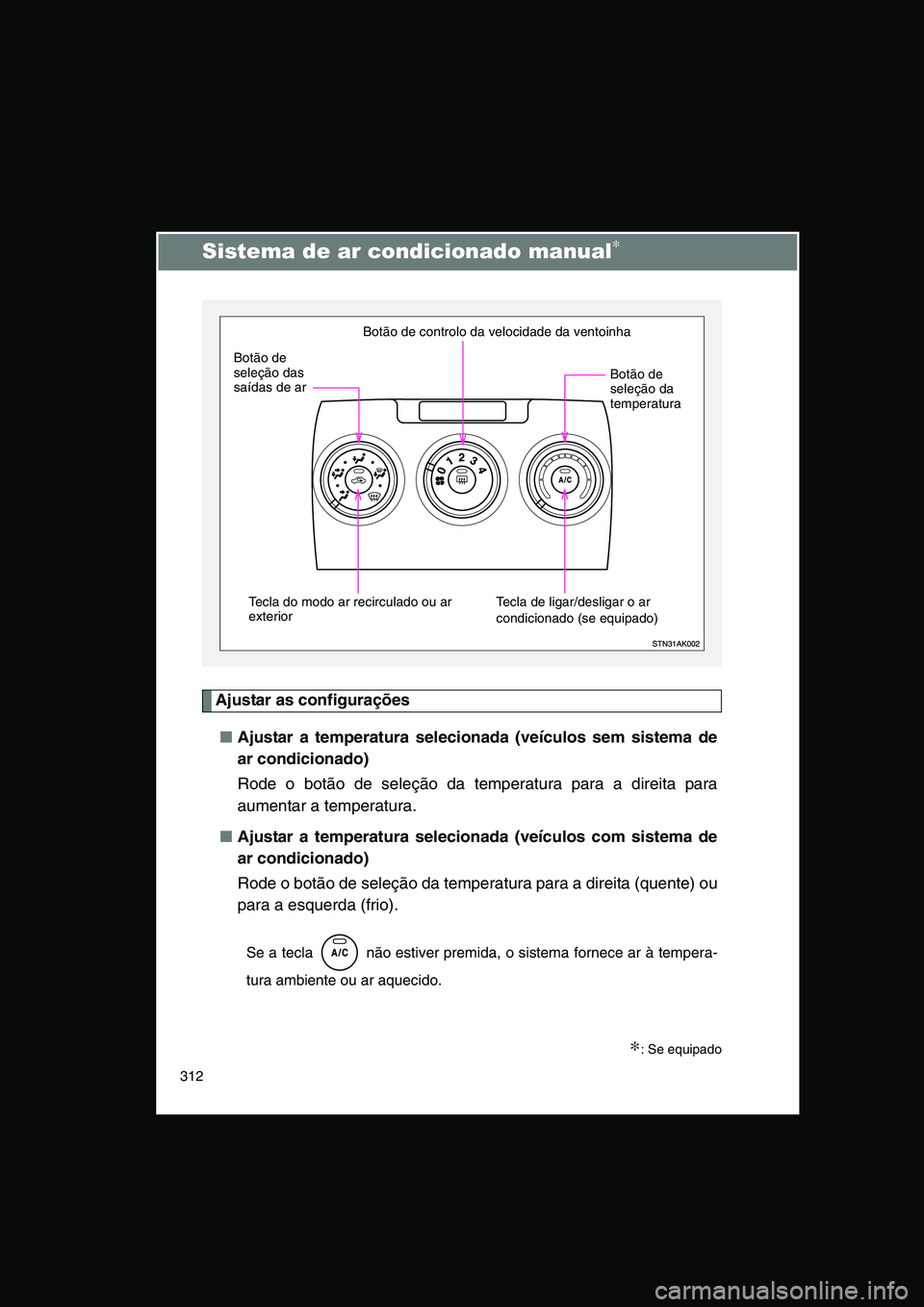 TOYOTA VERSO 2014  Manual de utilização (in Portuguese) 312
Sistema de ar condicionado manual∗
Ajustar as configurações
■Ajustar a temperatura selecionada (veículos sem sistema de
ar condicionado)
Rode o botão de seleção da temperatura para a dir