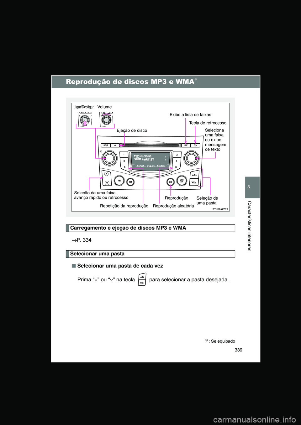 TOYOTA VERSO 2014  Manual de utilização (in Portuguese) 339
3
Características interiores
Reprodução de discos MP3 e WMA∗
Carregamento e ejeção de discos MP3 e WMA 
→P. 334
Selecionar uma pasta
■■■■Selecionar uma pasta de cada vez
Prima “