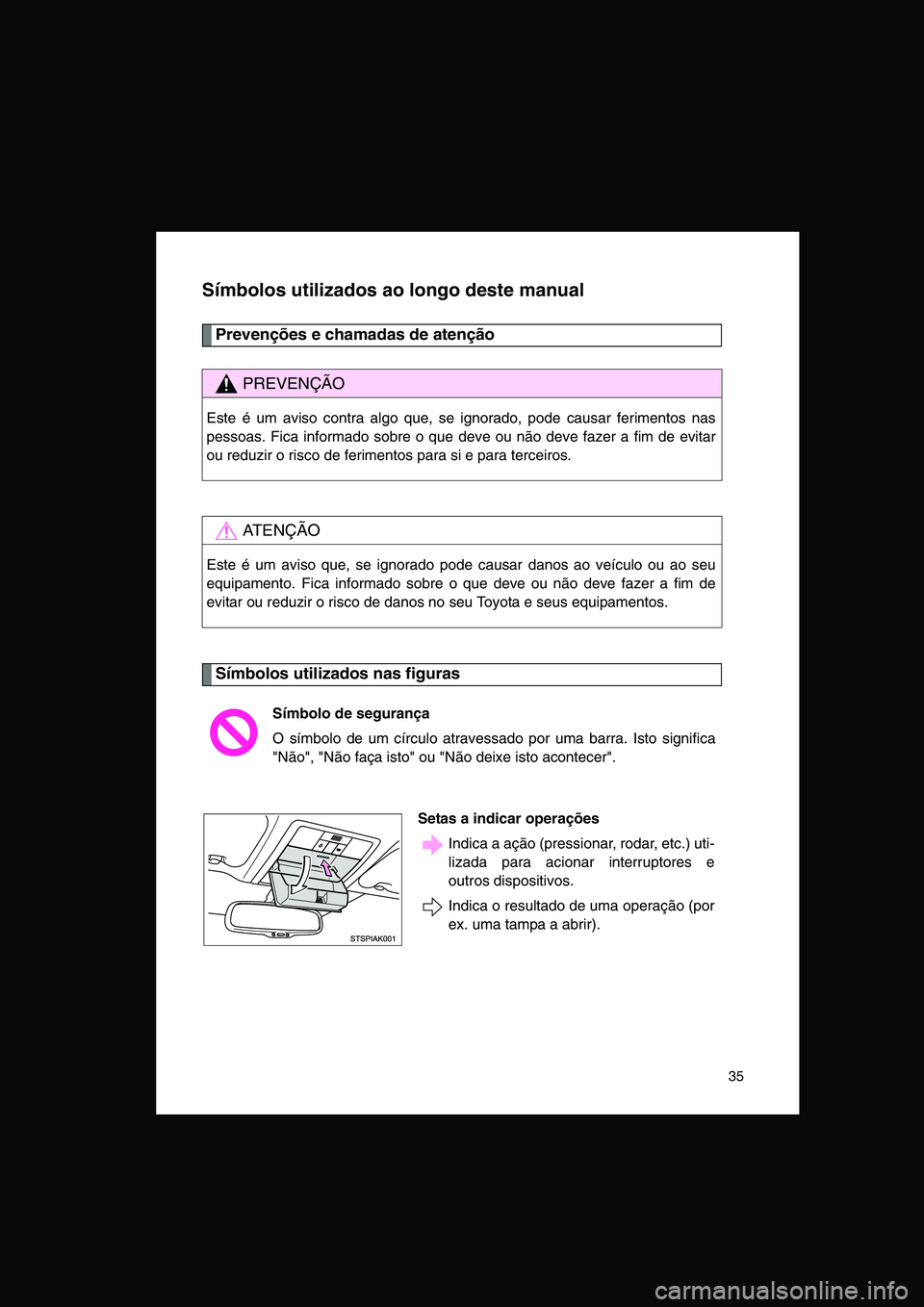 TOYOTA VERSO 2014  Manual de utilização (in Portuguese) 35
Símbolos utilizados ao longo deste manual
Prevenções e chamadas de atenção 
Símbolos utilizados nas figuras
PREVENÇÃO
Este é um aviso contra algo que, se ignorado, pode causar ferimentos n