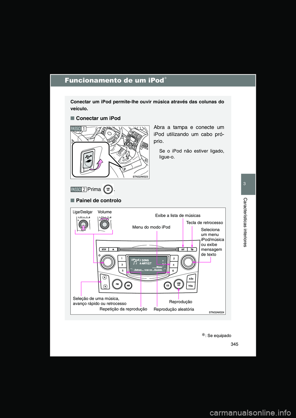 TOYOTA VERSO 2014  Manual de utilização (in Portuguese) 345
3
Características interiores
Funcionamento de um iPod∗
∗: Se equipado
Conectar um iPod permite-lhe ouvir música através das colunas do
veículo.
■Conectar um iPod
Abra a tampa e conecte u
