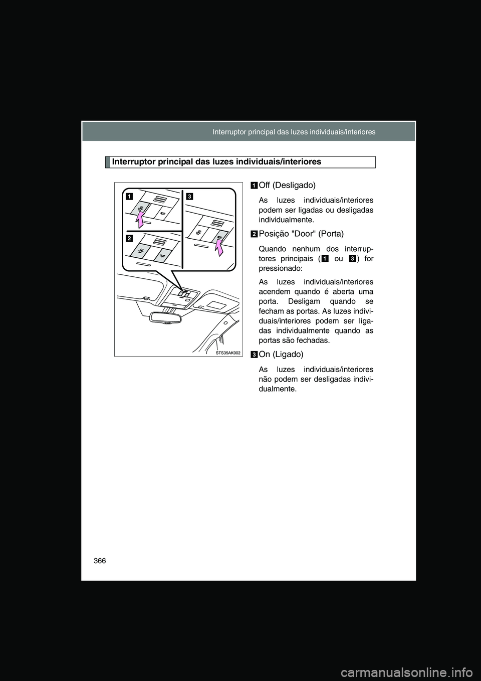 TOYOTA VERSO 2014  Manual de utilização (in Portuguese) 366
Interruptor principal das luzes individuais/interiores
Off (Desligado)
As luzes individuais/interiores
podem ser ligadas ou desligadas
individualmente.
Posição "Door" (Porta)
Quando nenhum dos i
