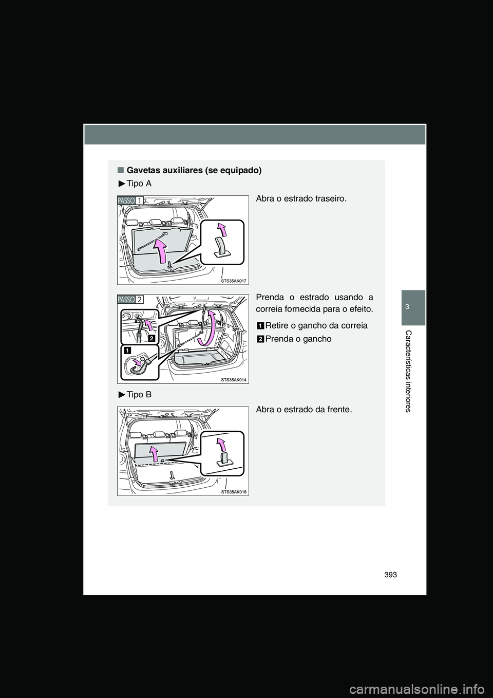 TOYOTA VERSO 2014  Manual de utilização (in Portuguese) 393
3
Características interiores
■Gavetas auxiliares (se equipado)
Tipo A
Abra o estrado traseiro.
Prenda o estrado usando a
correia fornecida para o efeito.
Retire o gancho da correia
Prenda o gan
