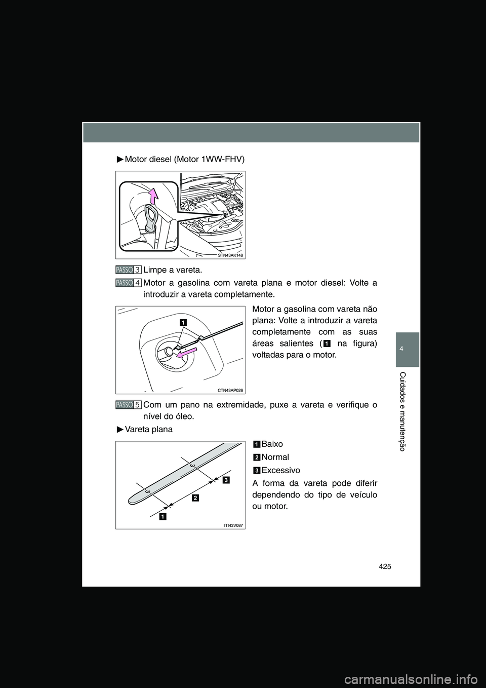 TOYOTA VERSO 2014  Manual de utilização (in Portuguese) 425
4
Cuidados e manutenção
Motor diesel (Motor 1WW-FHV)
Limpe a vareta.
Motor a gasolina com vareta plana e motor diesel: Volte a
introduzir a vareta completamente.
Motor a gasolina com vareta não